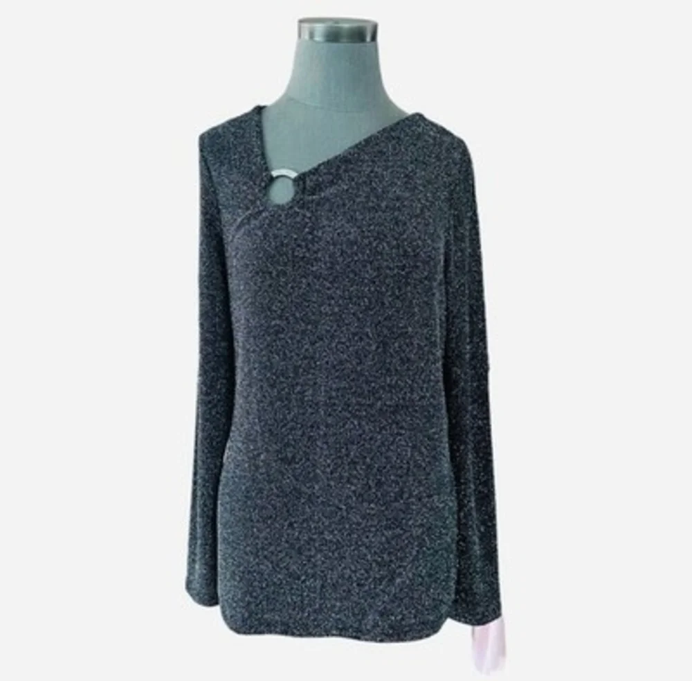 MICHAEL KORS Womens Blouse M Black Metallic Silver Lurex Long Sleeve Top EXC